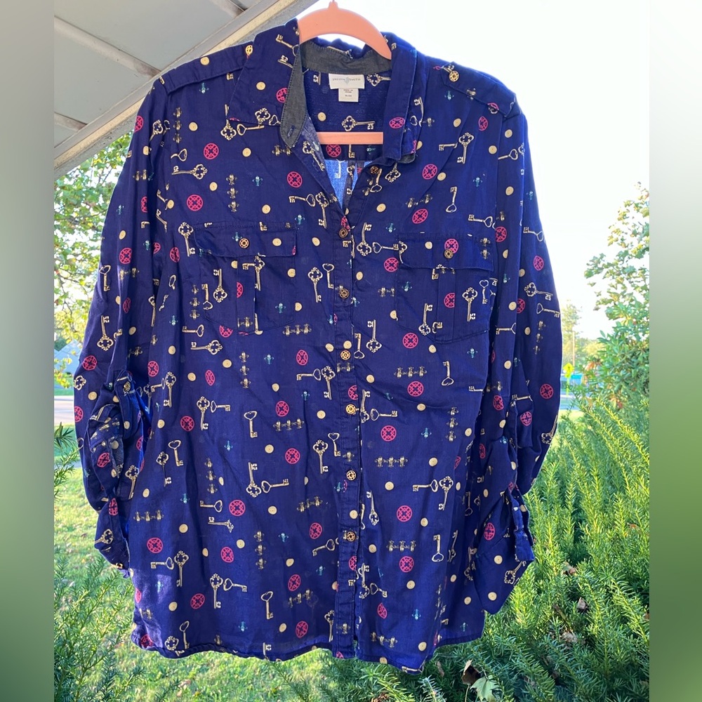 Jaclyn Smith Royal Blue Shirt with Gold Key Pattern